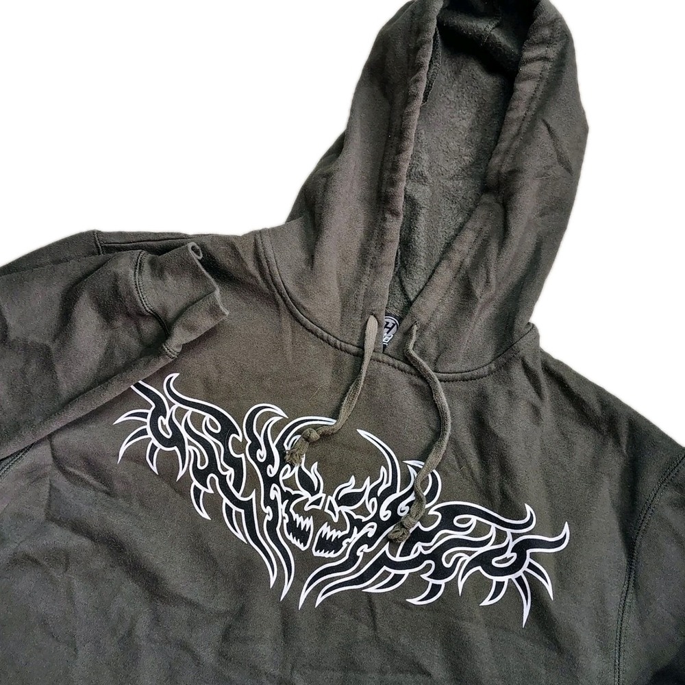 Hybrid Tees Graphic Hoodie Mens Large Green Tribal Skull Y2K Grunge Cyber